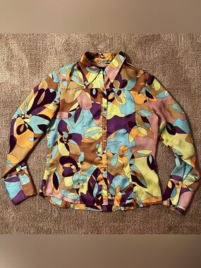 Vintage Abstract Button-Up Blouse in Aqua, Gold & Purple